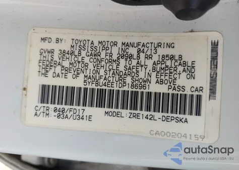 2013 Toyota Corolla S z USA, uszkodzony, nr VIN 5YFBU4EE1DP186961